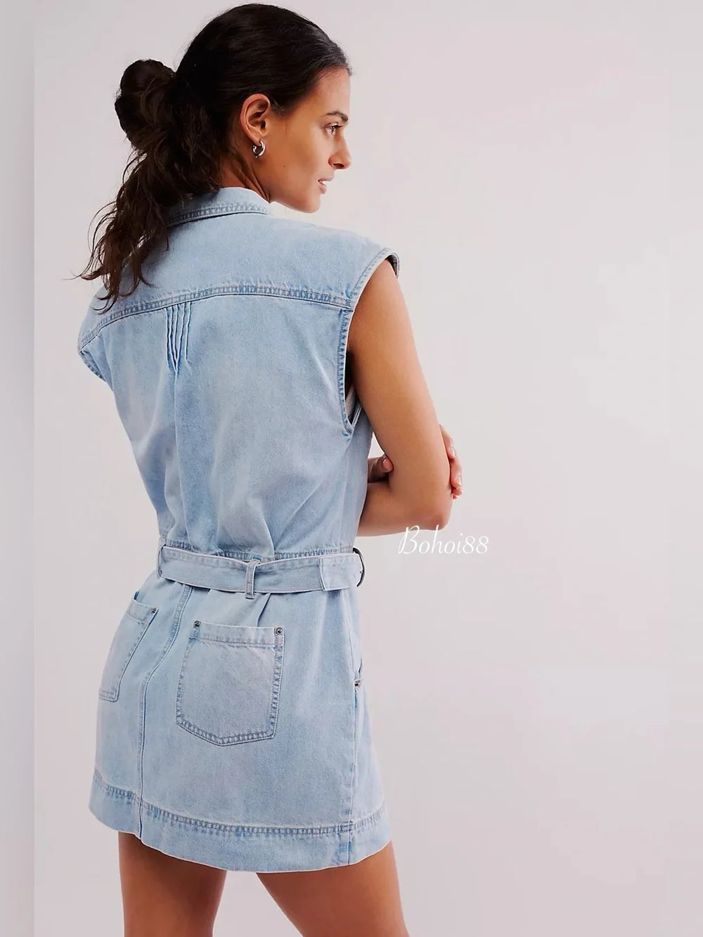 NWT Free People Rowley Denim Mini Dress Belted Button Front Plunge V-Neck - Picture 2 of 11